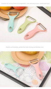 Detailed view of three ceramic Y-shaped peelers in mint, pink, and green pastel colors