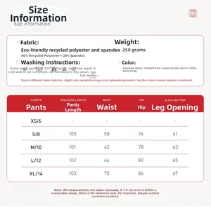 Detailed size chart for recycled polyester yoga pants including waist and hip measurements