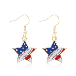 Detailed shot of star earrings featuring American flag enamel patterns and rhinestones