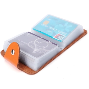Genuine leather multi-slot accordion card holder with orange snap closure in brown finish