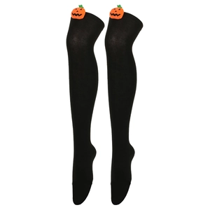 Detail of black over-knee socks featuring a 3D orange pumpkin doll for Halloween