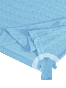 Detail of sky blue men's quarter-zip polo shirt with premium textured pique fabric