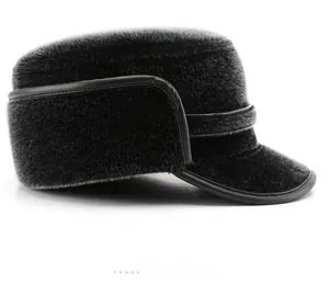 Detailed side view of black faux mink fur winter hat with vintage star metal badge detail