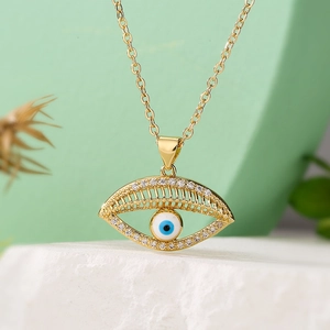 18K gold plated necklace featuring a zircon devil's eye pendant with blue center stone