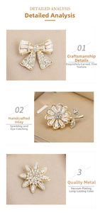 Detail showing handcrafted zircon inlay and vacuum plating on various gold brooches
