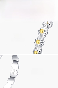 Detail of S925 sterling silver daisy ring showing floral pattern and S925 hallmark
