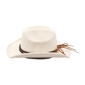 Detail of cream white wool felt western cowboy hat with black band and brown leather tassel