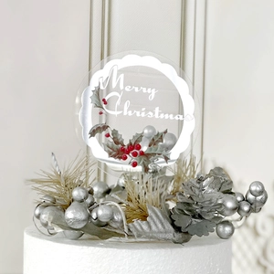 Runder Tortenstecker aus Acryl Frohe Weihnachten mit Stechpalmen und roten Beeren