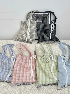 Women Plaid Tote Bag Polyester Lace Ruffle Bowknot Sweet Japanese Style Large Capacity Daily Commute Handbag