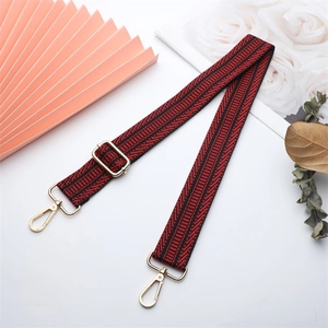 Adjustable red and black striped woven shoulder strap for handbags with gold hooks