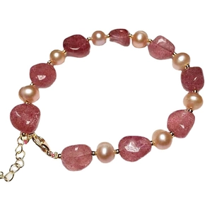 Red strawberry crystal and freshwater pearl bracelet with 14K gold plated accents