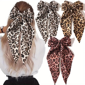 Leopard Print Bow Hair Clip With Long Streamers Vintage Satin Fabric Elegant Large Spring Hairclip For Women Girls