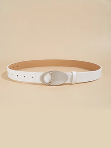 Detail view of a white PU leather belt with a silver abstract geometric metal buckle