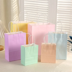 Detailed view of assorted Macaron-colored kraft paper gift bags with white rope handles