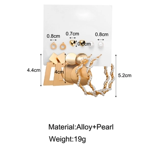 Detailed view of alloy earring set with dimensions and pearl accents on display card