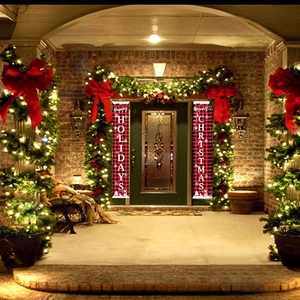 Christmas red and black buffalo plaid porch banners featuring Merry Christmas and Happy Holidays