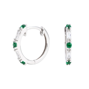 French retro S925 silver huggie earrings with green gems and white zircons