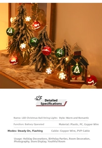 Detail of LED Christmas ball string lights with Merry Christmas patterns and soft glow
