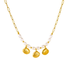 Collier en acier inoxydable plaqué or 18 carats avec perles blanches et pendentifs coquillages
