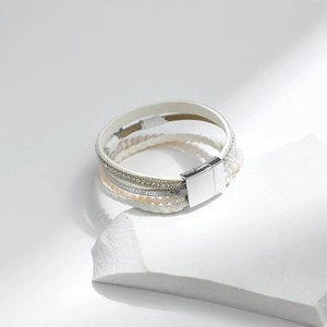 Multilayer white leather wrap bracelet with crystal chain and pink beads for women
