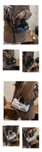 Detail shot of black patent leather and silver metallic saddle bags with dual front pockets