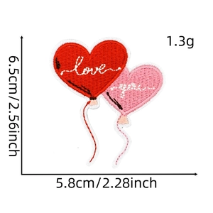 Detail of pink and red heart balloon embroidery patch with Love lettering and dimensions