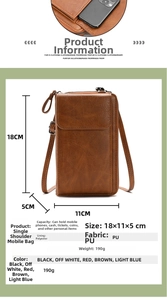 Brown crossbody phone bag detail with dimensions 18x11x5 cm and multi-pocket layout