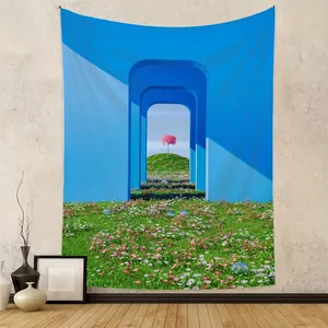 Tapisserie Murale Paysage Surréaliste Arches Bleues Arbre Rose Polyester Toile De Fond Pour Décoration De Chambre Salon