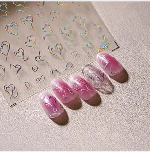 Détails d'autocollants pour ongles cœur argent laser holographique avec relief 3D