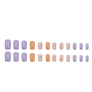 Purple and orange press-on nails with wavy abstract patterns in a short square shape