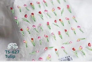 Detailed macro view of TS-627 tulip nail art stickers with colorful floral patterns