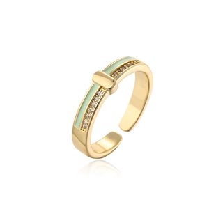 Gold plated open ring featuring light green enamel inlay and sparkling cubic zirconia stones