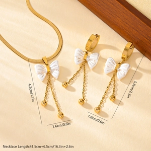 Golden stainless steel butterfly tassel earrings and necklace set with shell inlay