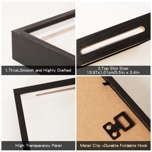 Detail view of black shadow box with coin slot, acrylic panel and mounting hardware
