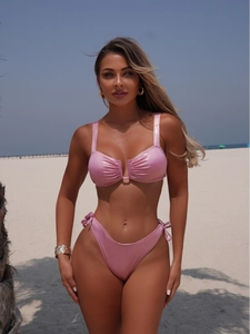 Two-piece shimmering pink bikini set with gathered top and side-tie high-cut bottoms