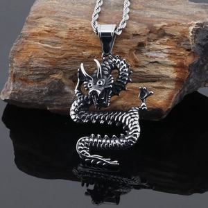 Detailed view of a silver Chinese dragon pendant with a twisted chain on a stone surface
