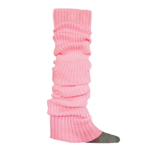 Detail of pink knitted leg warmer with long ribbed texture for women's winter outfits