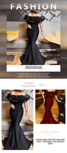 Close-up of elegant ruffles and slim mermaid tail on knit off-shoulder evening dress