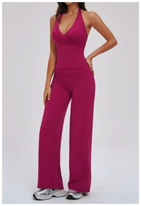 Deep berry V-neck halter yoga top and wide-leg trousers set with high-stretch fabric