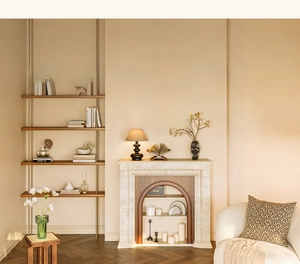 French vintage style round rug in warm beige for a luxury living room setting