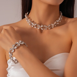 Elegant irregular glass flower necklace and bracelet set with silver metal connectors