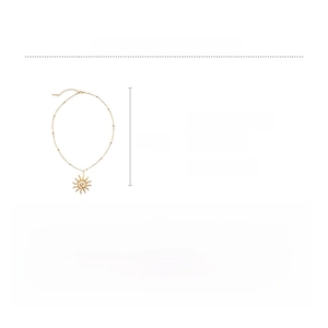 Detail view of gold stainless steel sun pendant necklace with technical dimensions