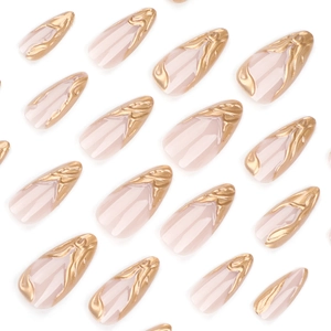 French style 3D golden almond false nails with minimalist 3D gold lines on nude pink base