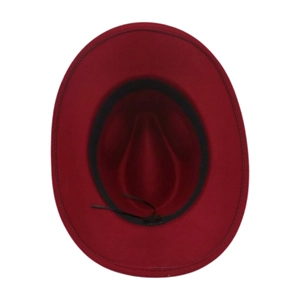 Detail of red wool fedora interior showing adjustable drawstring and black sweatband