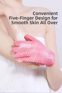 Exfoliating pink five-finger bath glove showing rich foam and thick knitted texture
