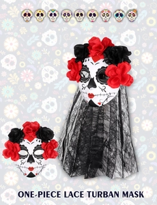 One-piece lace turban mask with floral details for Day of the Dead Halloween party