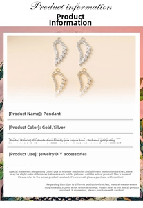 Close-up of wing-shaped jewelry charms made of eco-friendly gold-plated copper with zircons