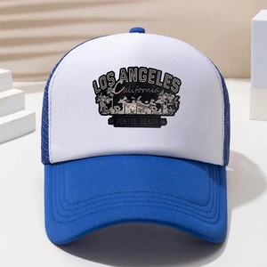Macro shot of breathable blue polyester mesh and stitching details on a trucker hat