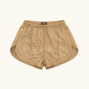 Detail of khaki jogger shorts showing elastic waistband and star embroidery