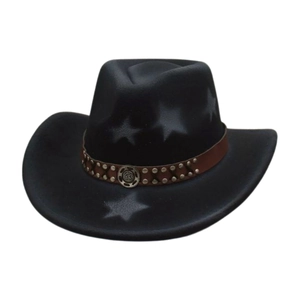 Western Cowboy Hat Polyester Felt Wide Brim Riveted Leather Belt Star Print Metal Buckle Outdoor Fashion Unisex